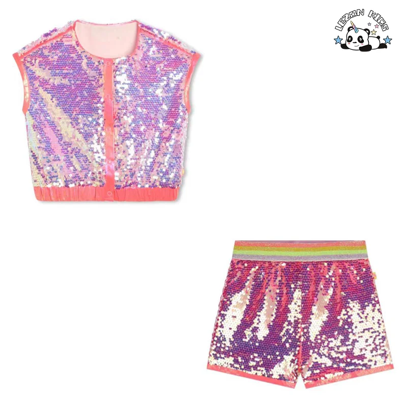 LEZONKIDS - Color  Size Fabric Customization Available Sequin Summer Children Girls Clothing Set